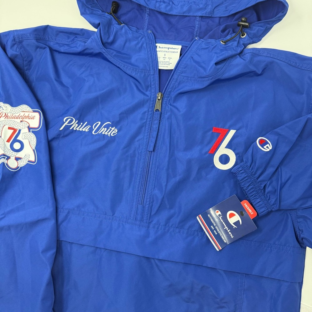 Champion Philadelphia 76ers Royal Blue Pullover Anorak Jacket Mens Small NEW